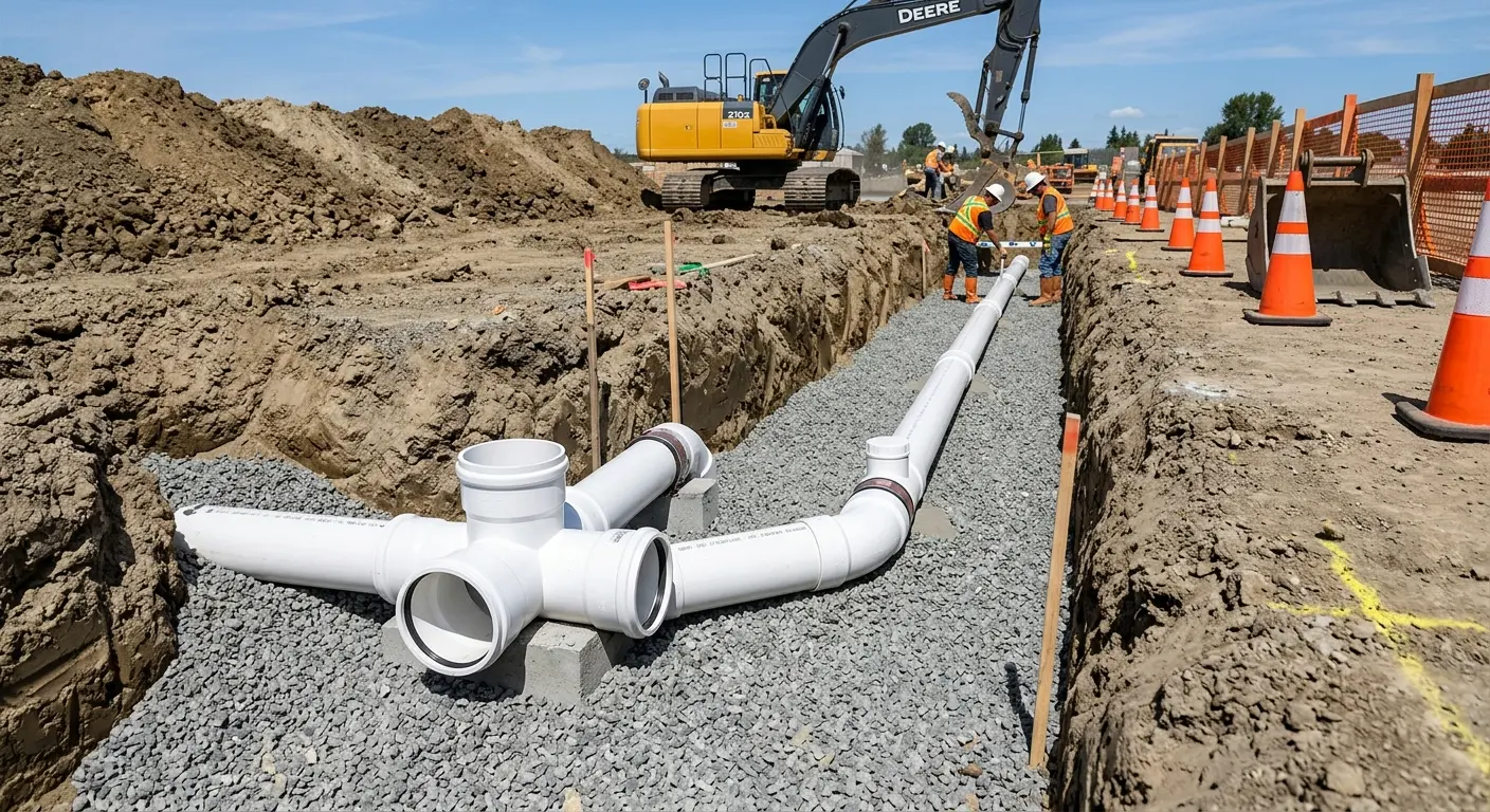 New PVC sewer pipe installation in open trench for Sewer Backup in Magalia