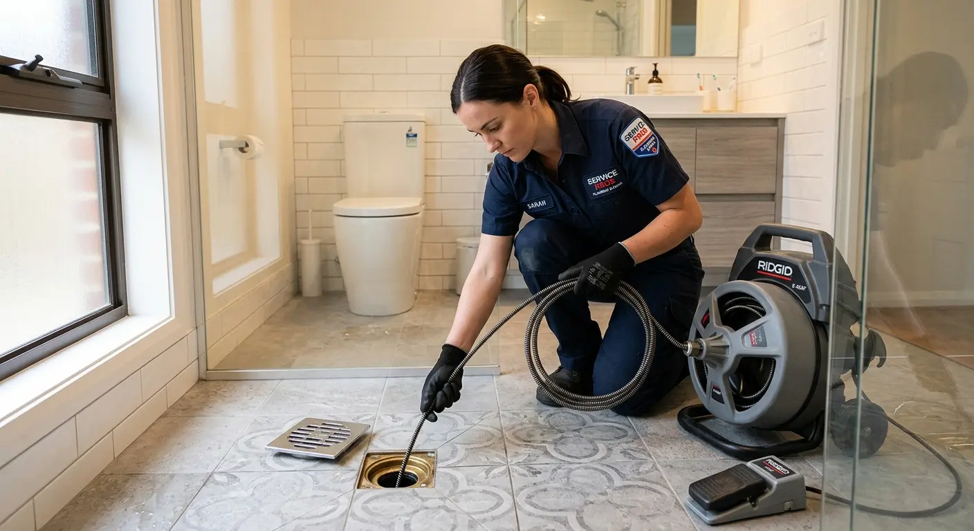 Technician clearing a bathroom floor drain for Sewer Line Replacement in Magalia